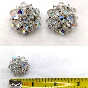 Laguna signed vintage clip-on earrings, AB clear rhinestone bead clusters, 1950s